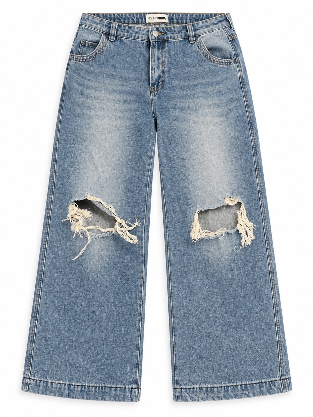 Fashion Nova Size 14 Medium Wash Distressed Wide Leg Jeans Ripped Knee Y2K